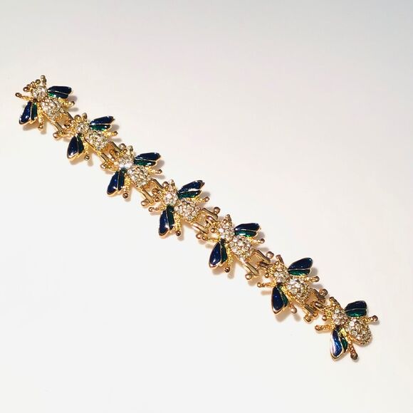7-Bee Strand 6" Double Pin PAVE CRYSTAL BEE BROOCH Enameled Gold Plate Bees - Picture 1 of 7